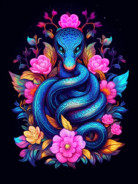 Uma cobra azul com flores e as palavras "cobra azul" na frente.