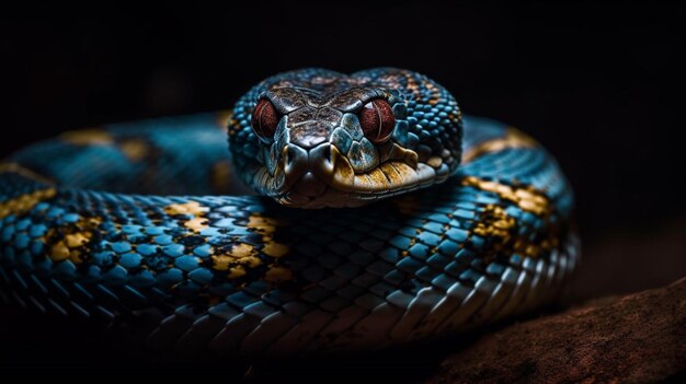 Uma cobra azul com um olho vermelho senta-se em uma pedra.