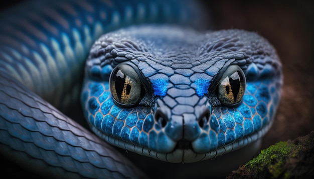 Uma cobra azul com uma cobra preta na cabeça