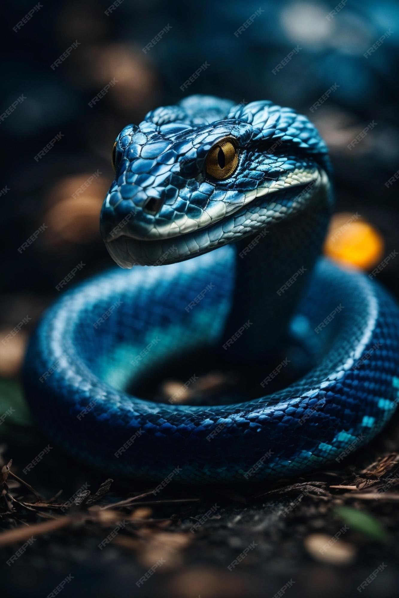 Uma cobra azul com gotas de água na cabeça