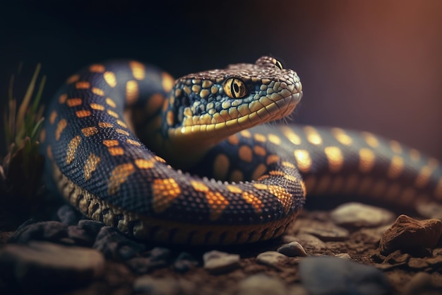 Uma cobra azul com uma mancha amarela na pele