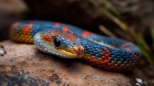 Uma cobra azul, vermelha e amarela senta-se em uma rocha.