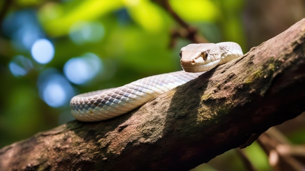 Uma cobra branca enrolada no galho