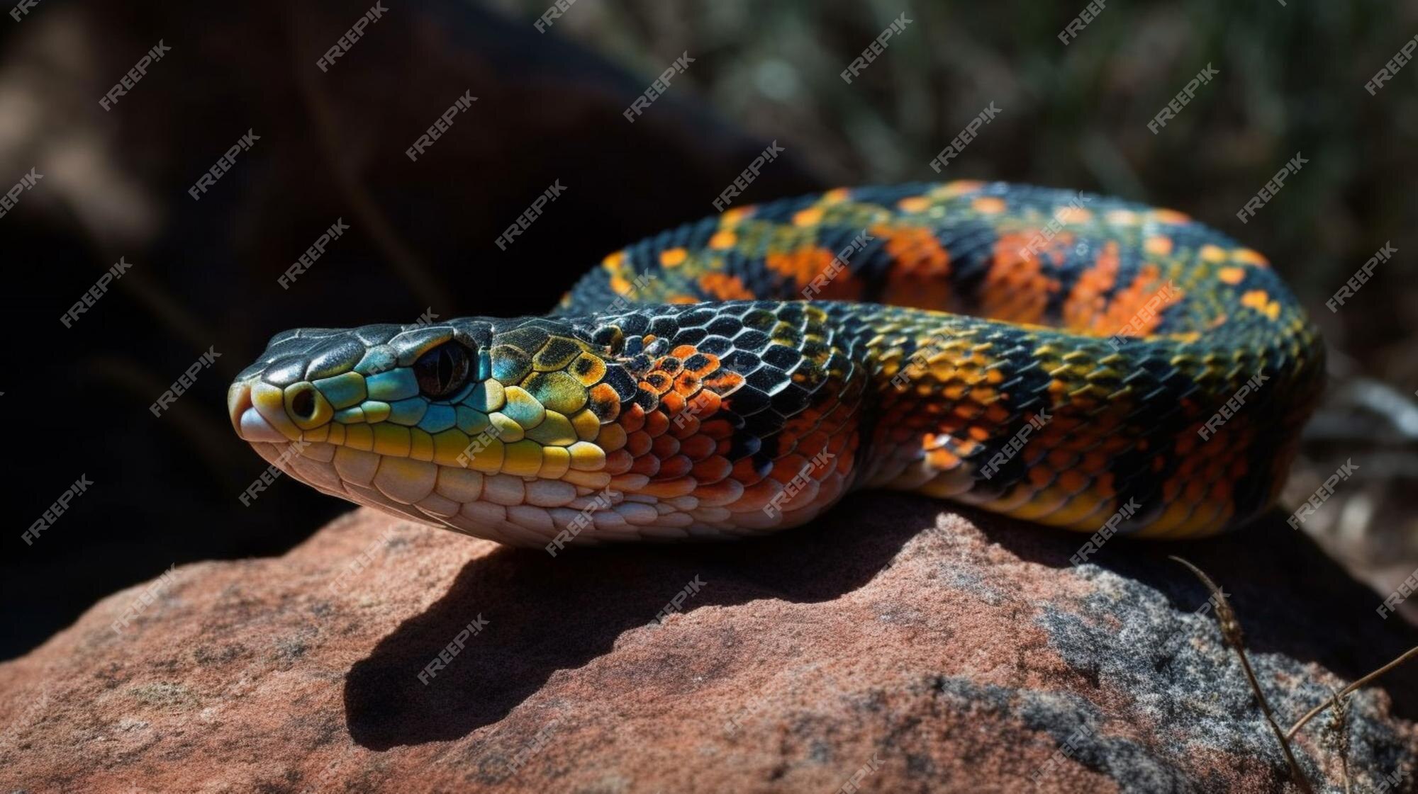 Uma cobra azul, vermelha e amarela senta-se em uma rocha.