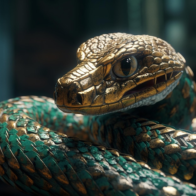 Uma cobra com detalhes em verde e dourado está sentada sobre uma mesa.