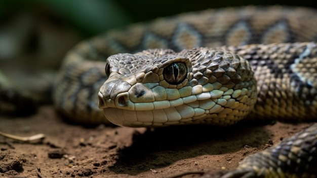 Uma cobra com uma cabeça azul e uma cabeça preta está deitada no chão.