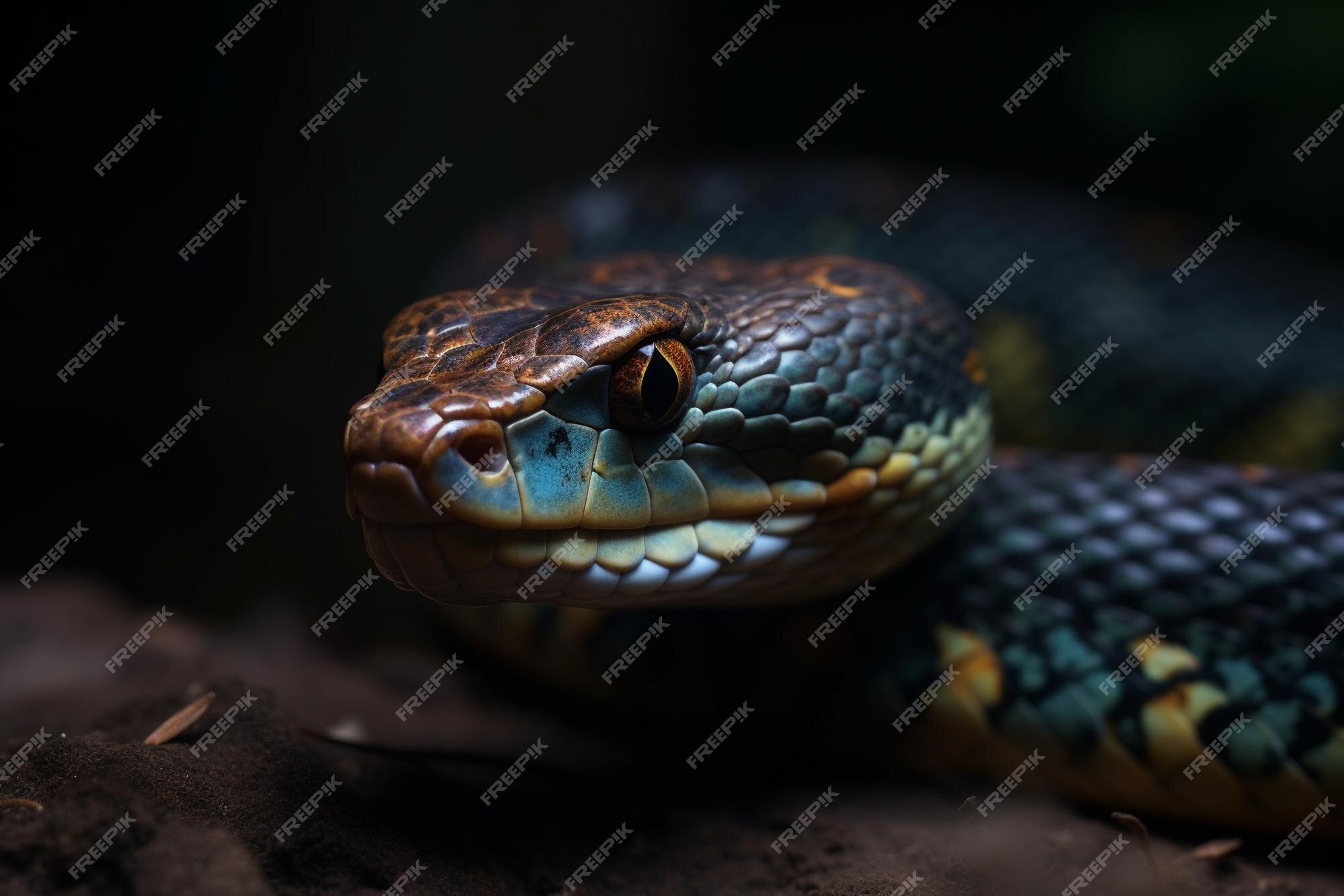 Uma cobra azul, vermelha e amarela senta-se em uma rocha.