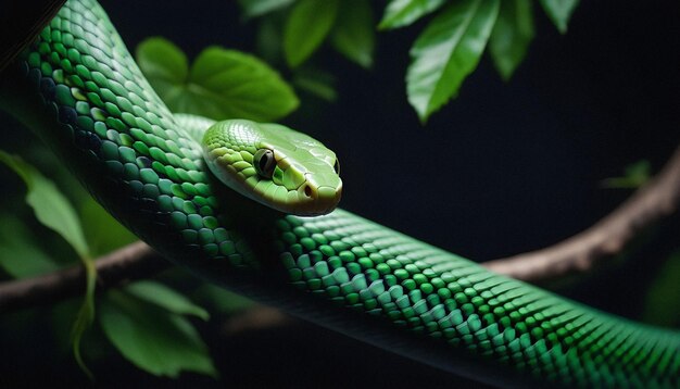 Foto uma cobra de árvore verde em um ramo de árvore com um fundo preto