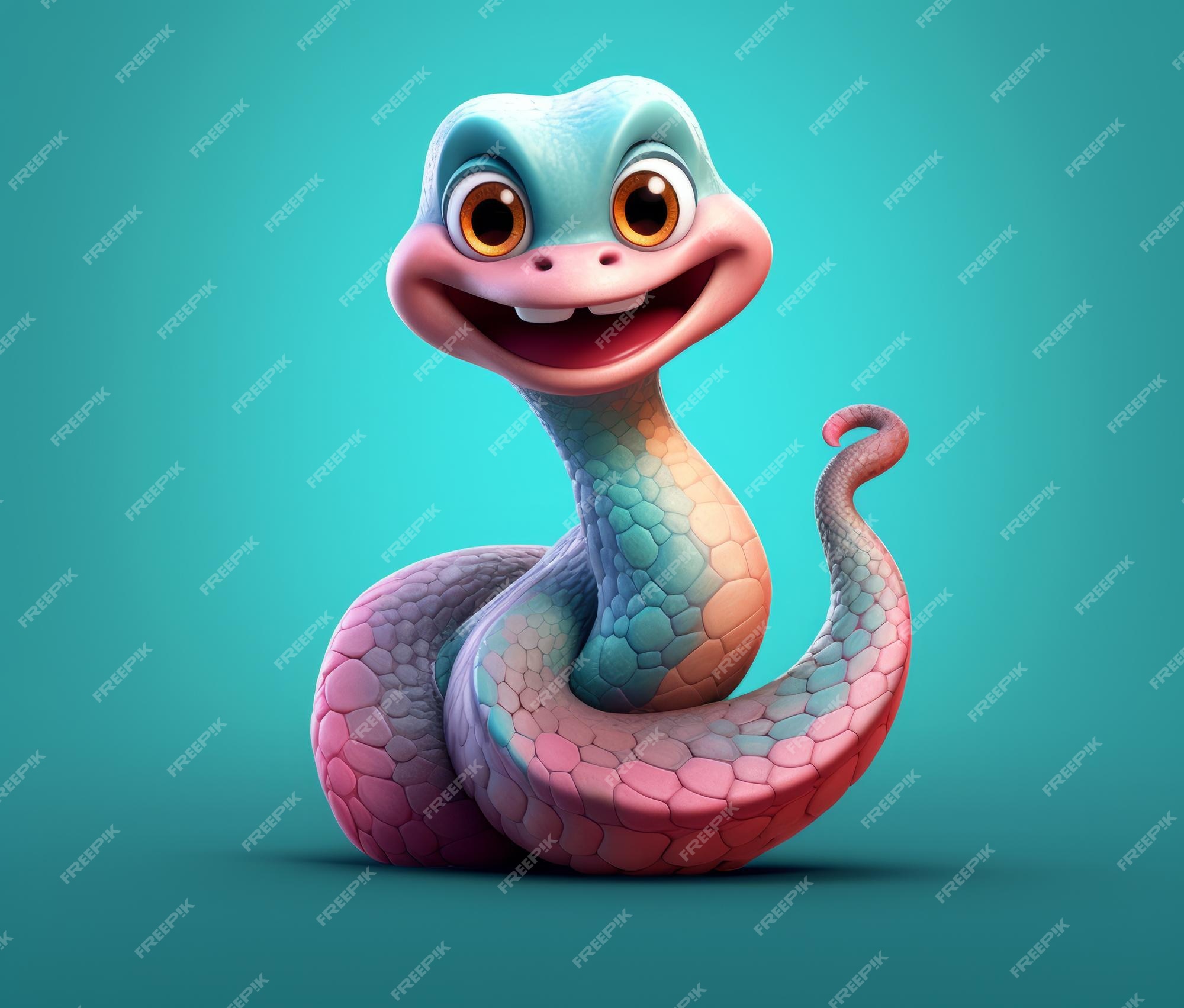 Uma cobra de desenho animado com um rosto azul e um grande sorriso