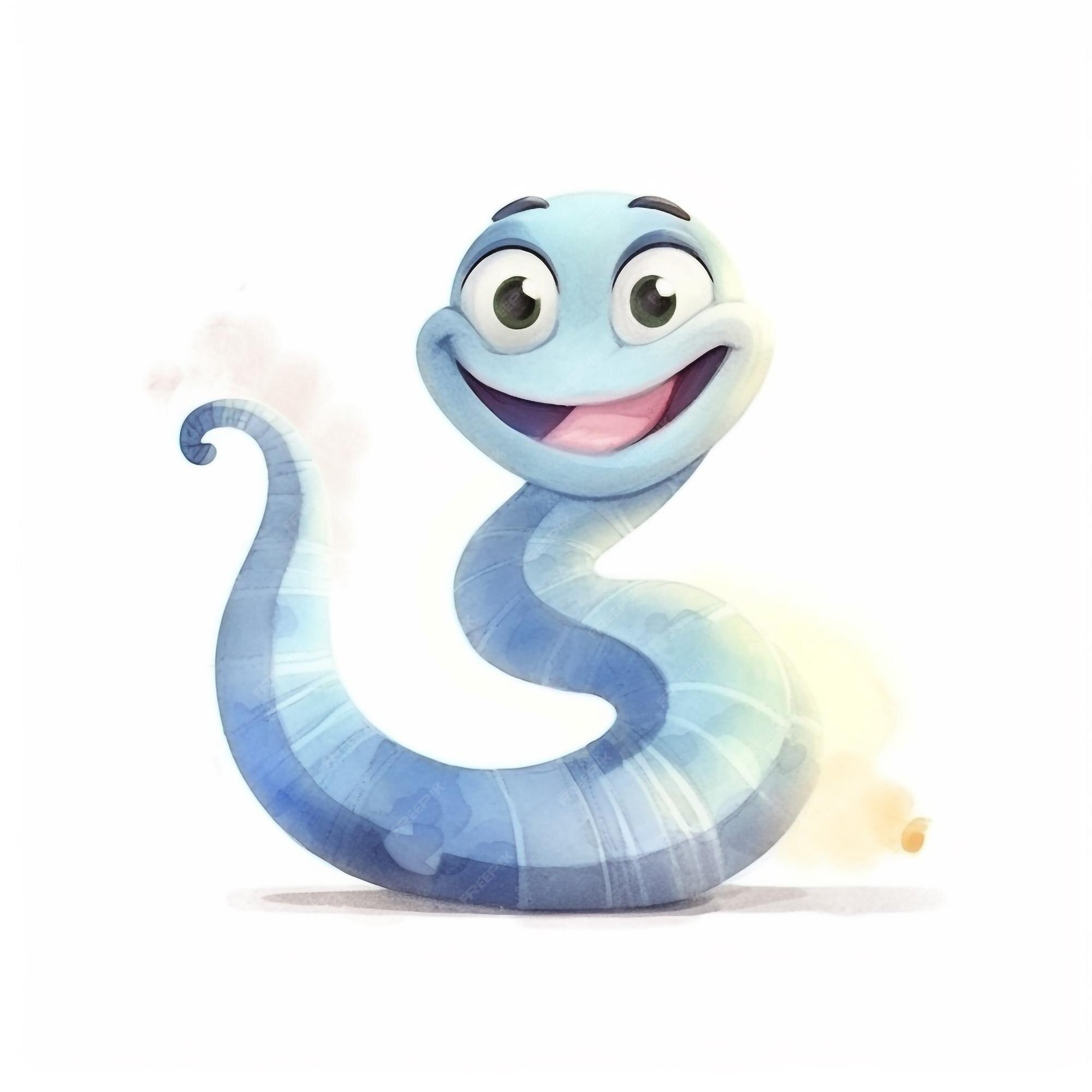 Uma cobra de desenho animado com um rosto azul e um grande sorriso