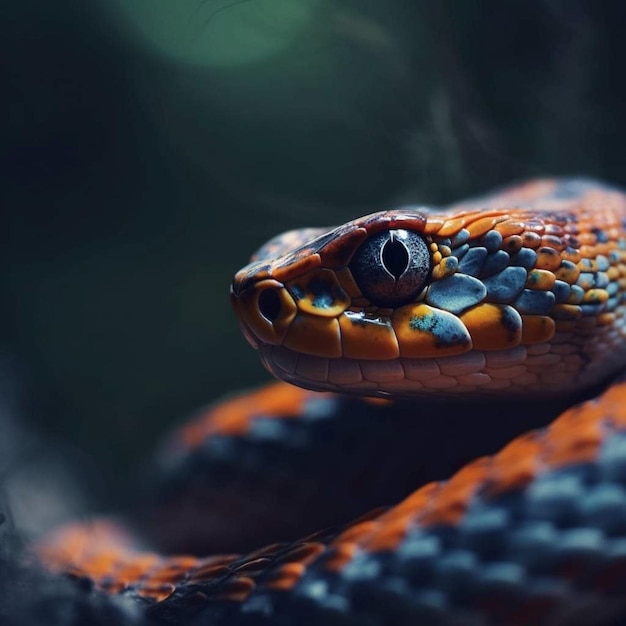 Uma cobra de olhos azuis e corpo preto e laranja