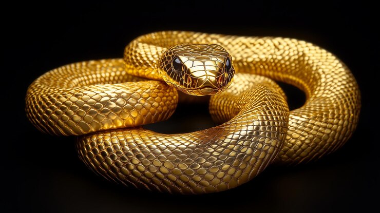 Foto uma cobra dourada feita de metal com a cabeça erguida para cima