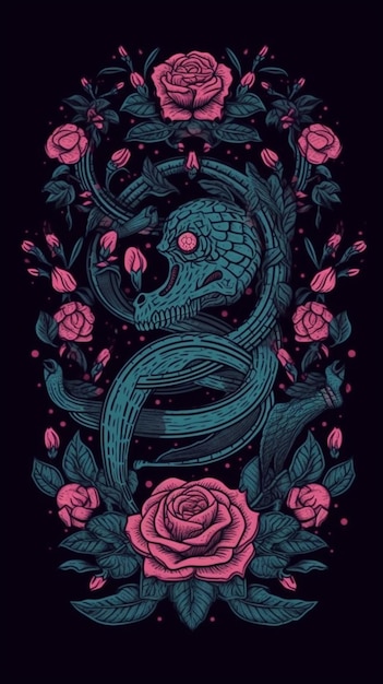 uma cobra e rosas em um fundo preto generativo ai