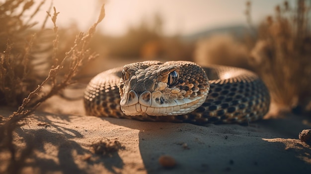 Uma cobra na areia com o sol brilhando sobre ela