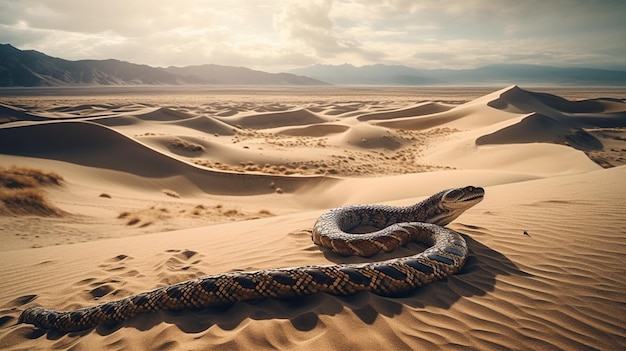 Uma cobra no deserto com o sol brilhando em seu rosto