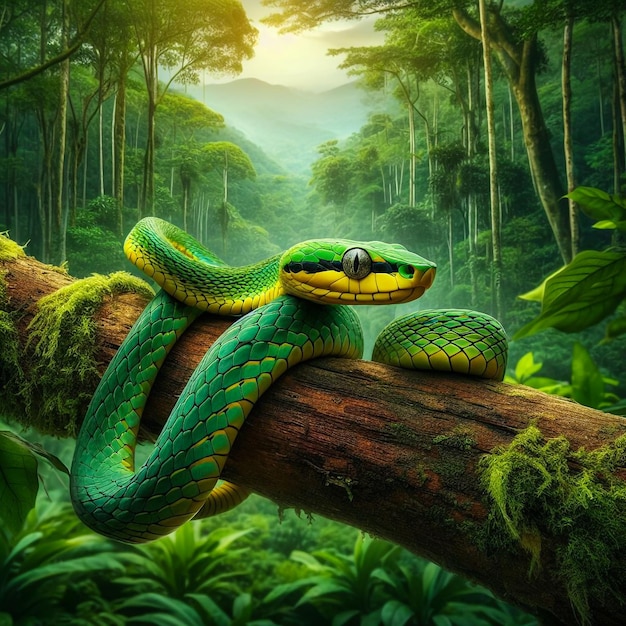 Uma cobra rastejando em um galho na floresta tropical
