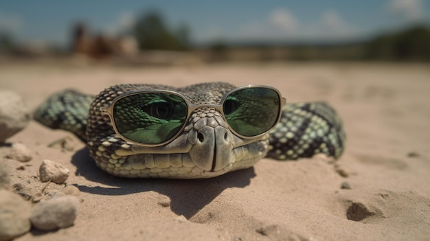 Uma cobra usando óculos escuros senta-se na praia.