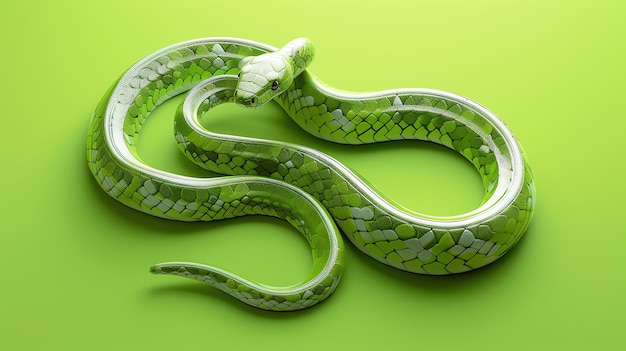 Uma cobra verde com escamas brancas em forma de diamante se desliza sobre um fundo verde brilhante
