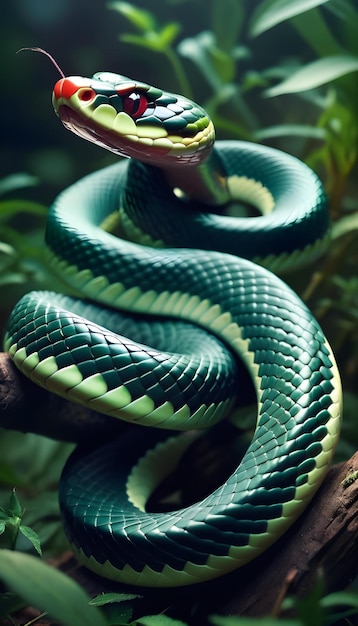 uma cobra verde com uma cabeça listrada azul e verde