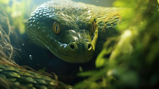 Foto uma cobra verde escondida camuflada na grama