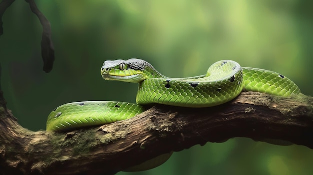 Uma cobra verde está enrolada em um galho.