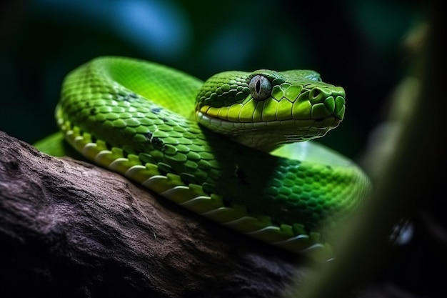 Uma cobra verde senta-se em um galho