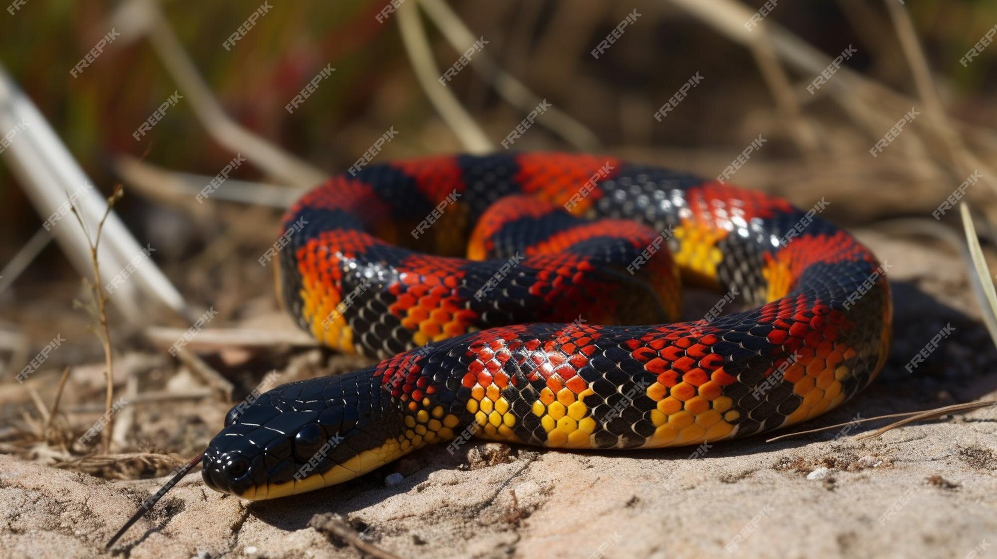 Uma cobra azul, vermelha e amarela senta-se em uma rocha.