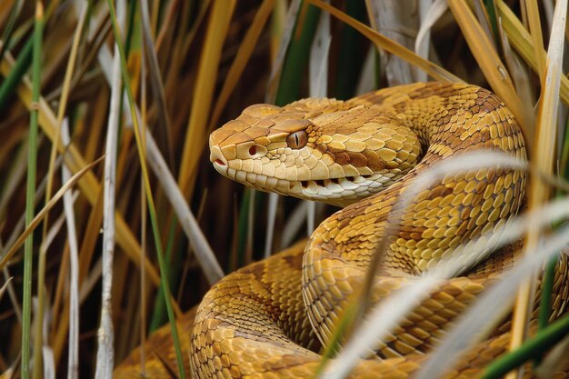 uma cobra-víbora sentada na grama alta