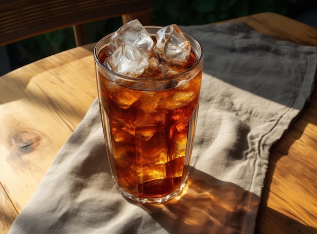 Uma cola de gelo em um copo em uma mesa de saco