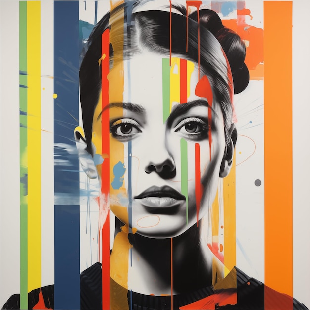 Uma colagem abstrata de pintura em spray de uma mulher e litografia pop art