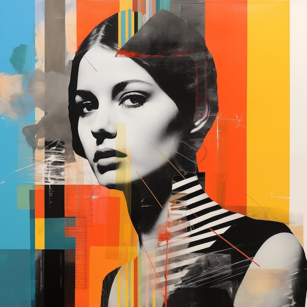 Uma colagem abstrata de pintura em spray de uma mulher e litografia pop art