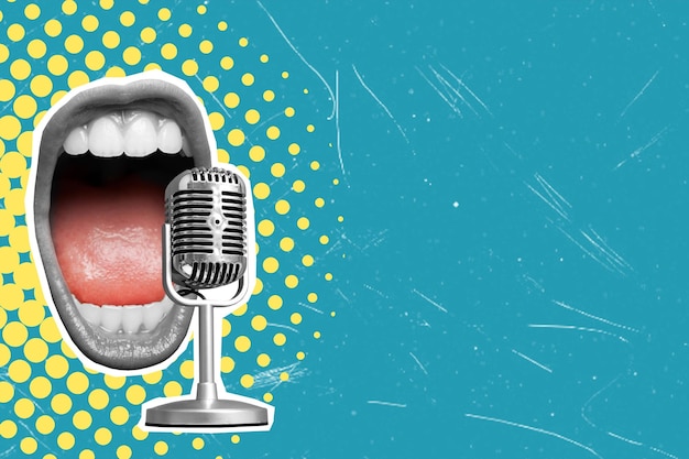 Foto uma colagem artística moderna com uma boca gritando em um microfone em um fundo azul com