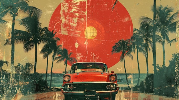 Uma colagem de carros vintage retro no fundo do mar e do sol abstrato