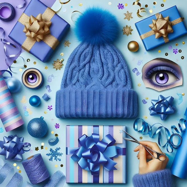 uma colagem de decorações de Natal, incluindo um presente de chapéu e um chapéu