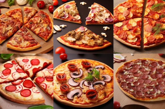 Uma colagem de diferentes coberturas de pizza de carne em fundos coloridos