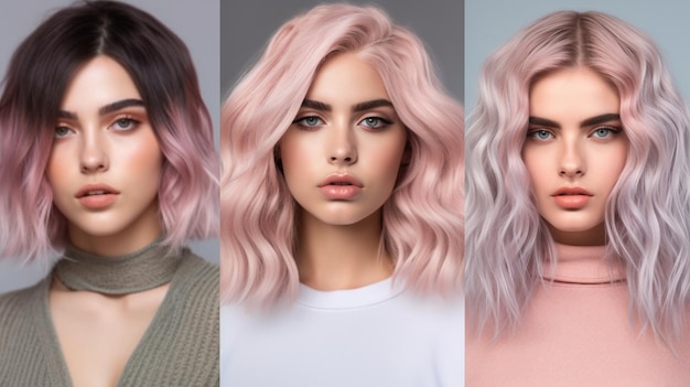 Uma colagem de diferentes imagens de uma mulher com cabelo rosa