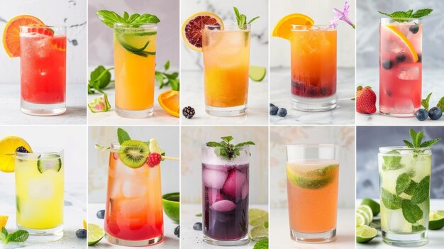 Foto uma colagem de diferentes receitas de mocktail, cada uma usando diferentes ingredientes e sabores do