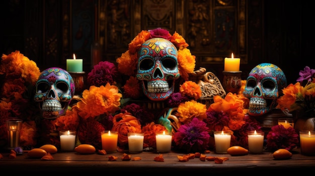 uma colagem de elementos tradicionais do Dia dos Mortos, incluindo velas de malmequeres e caveiras de açúcar
