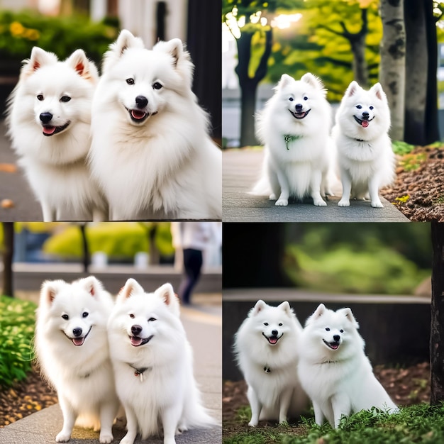 Uma colagem de fotos com um Spitz branco lindos cães brancos fofos apaixonados por raça pura de pelo longo