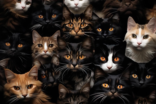uma colagem de gatos com olhos laranja e um gato preto e branco com olhos larinhos.
