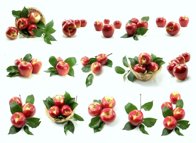 Uma colagem de maçãs com folhas