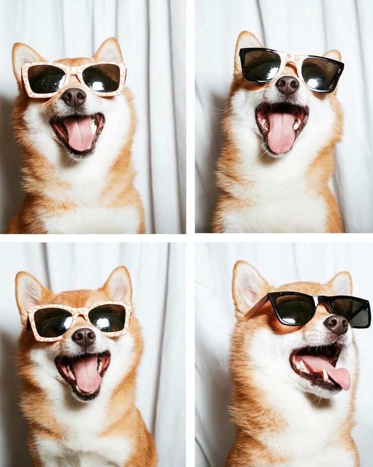 Foto uma colagem de quatro fotos de um cão usando óculos de sol