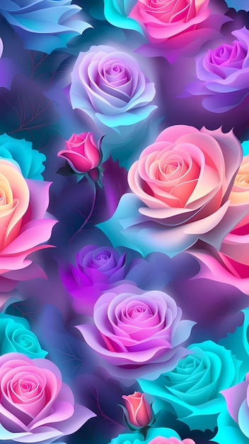 uma colagem de rosas coloridas com um fundo azul