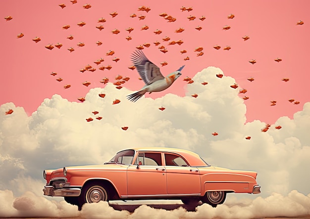 Uma colagem digital surrealista com um carro antigo cor de pêssego flutuando no ar