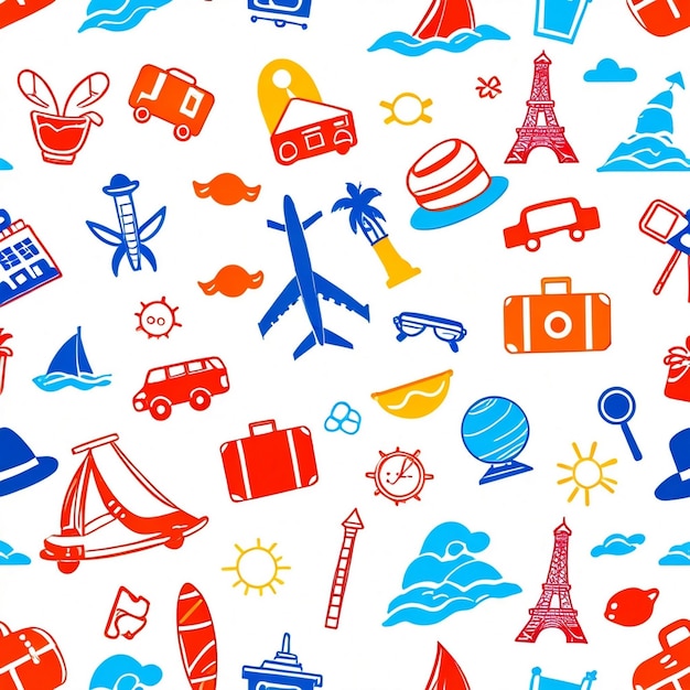 uma coleção colorida de ícones, incluindo viagens e turismo