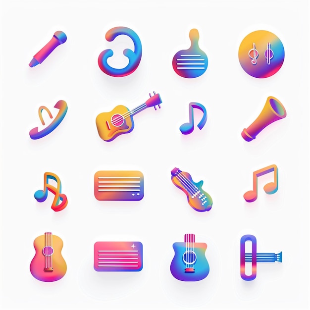uma coleção colorida de imagens relacionadas à música, incluindo uma música de guitarra e música
