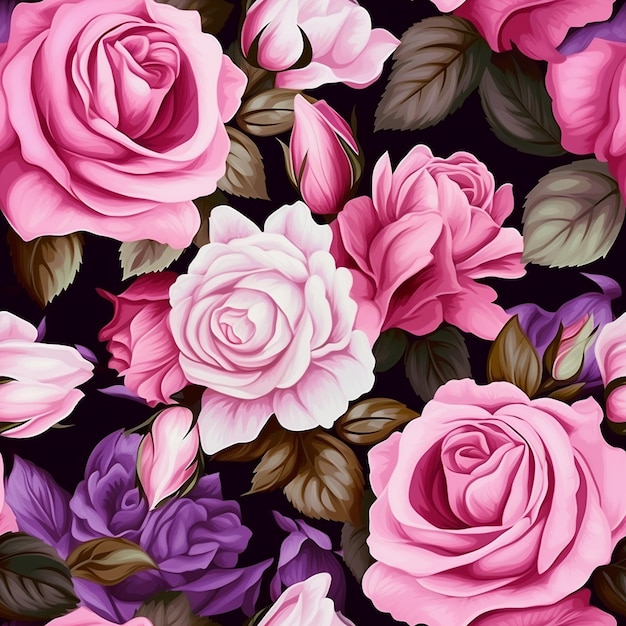 uma coleção colorida de rosas cor-de-rosa e roxas.