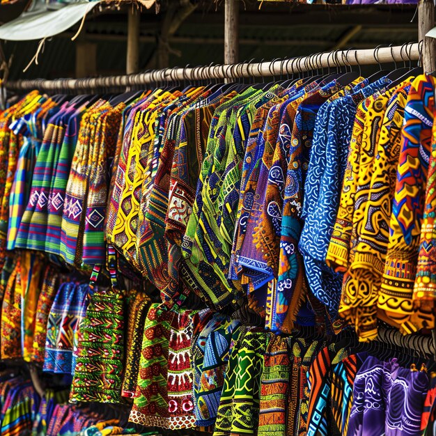 Foto uma coleção colorida de vestidos de tecido kente em um festival ao ar livre