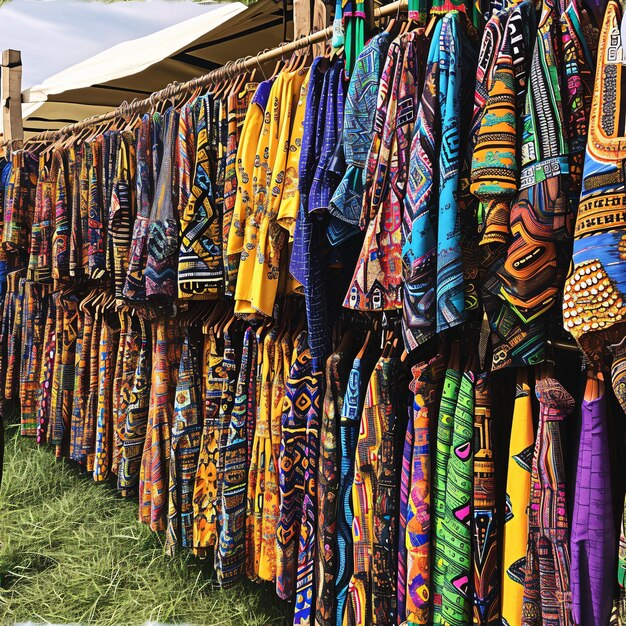 Uma coleção colorida de vestidos de tecido kente em um festival ao ar livre