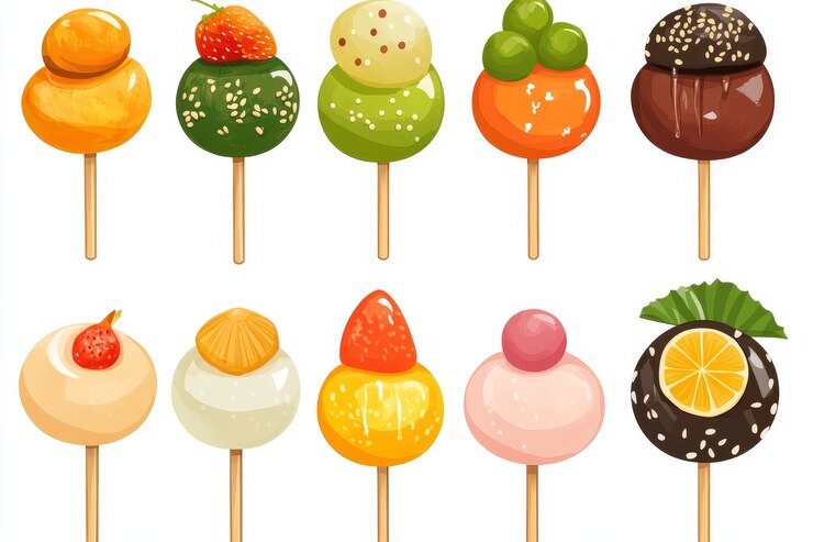 Foto uma coleção de 12 ilustrações coloridas e lúdicas de mitarashi dango perfeitas para adicionar um tou